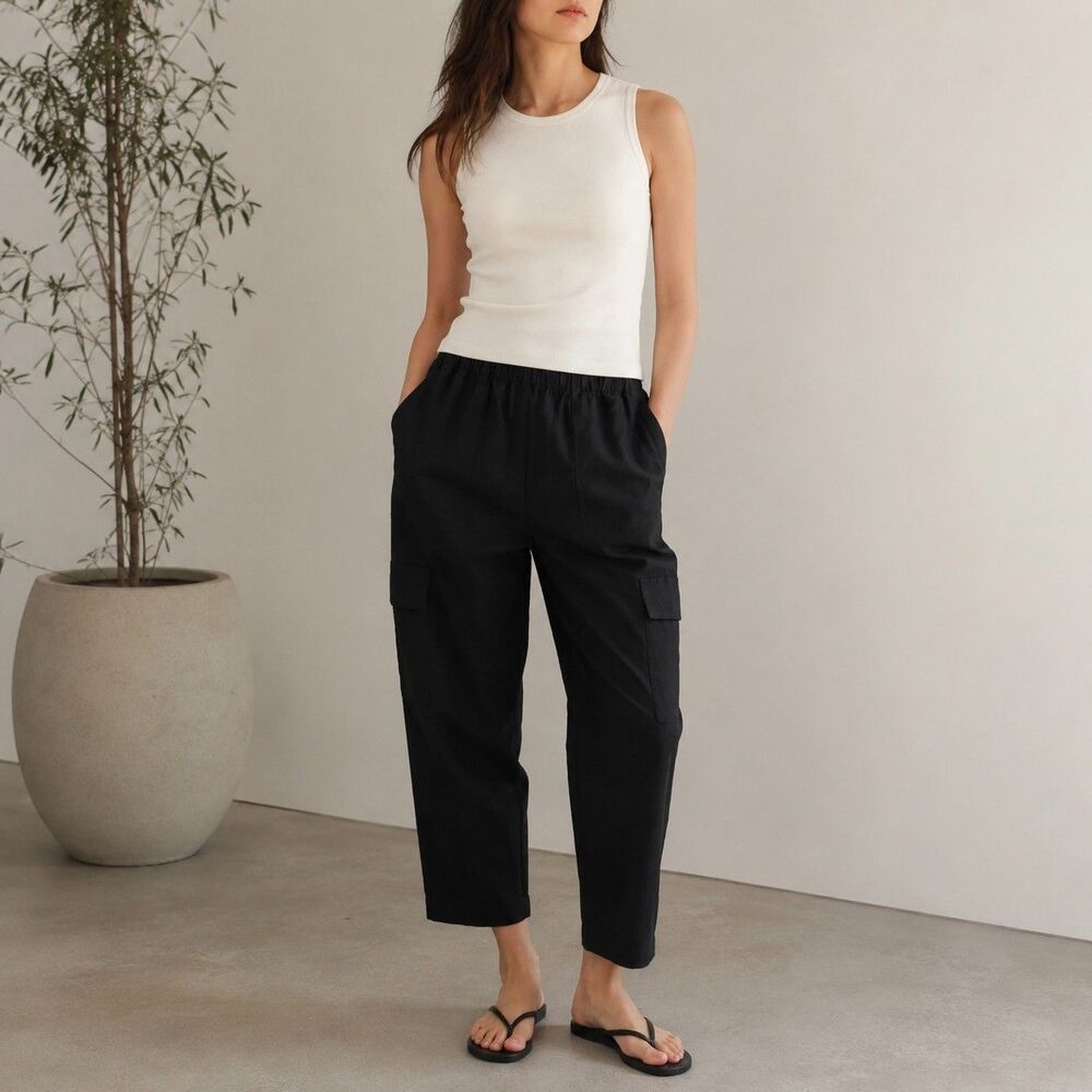Aritzia Babaton Pants Titan Cargo Linen Blend Pull On Sz 10 Minimalist Utility